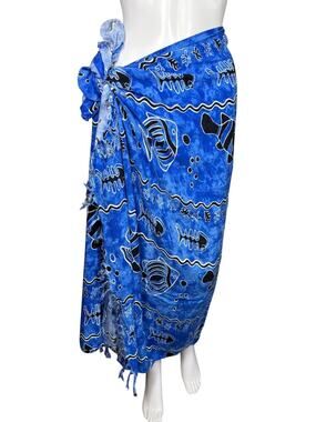 Vintage 90s Koko Knot Vibrant Blue TieDye Fish Print Fringe Sarong Wrap CoverUp